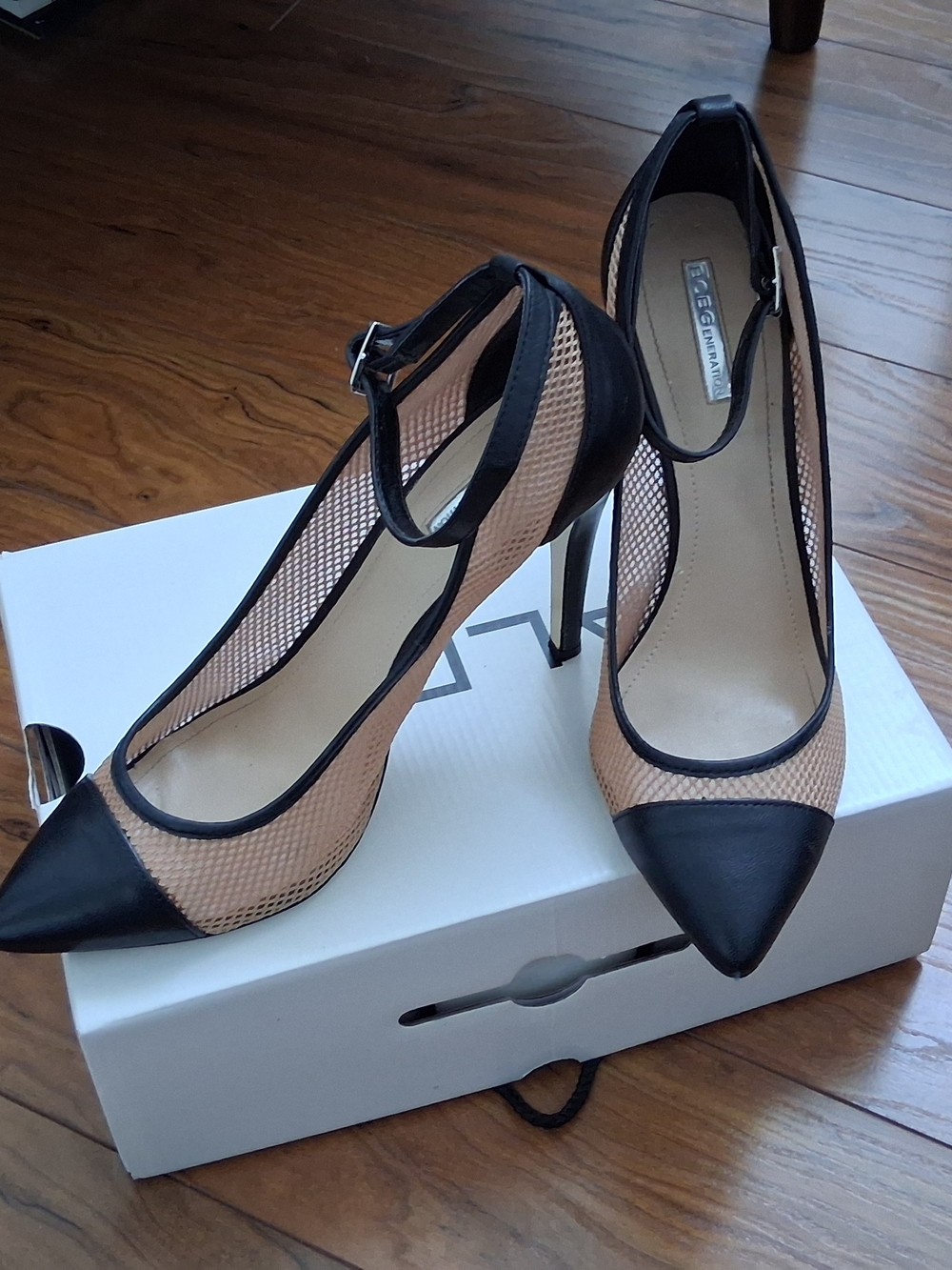 BCBGeneration Pointed Toe Ankle-Strap Pumps in Beige and Black - Women